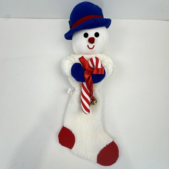 Vintage Snowman Christmas Stocking Parachute Fabric Sherpa Hat Candy Cane 24" - Picture 1 of 16